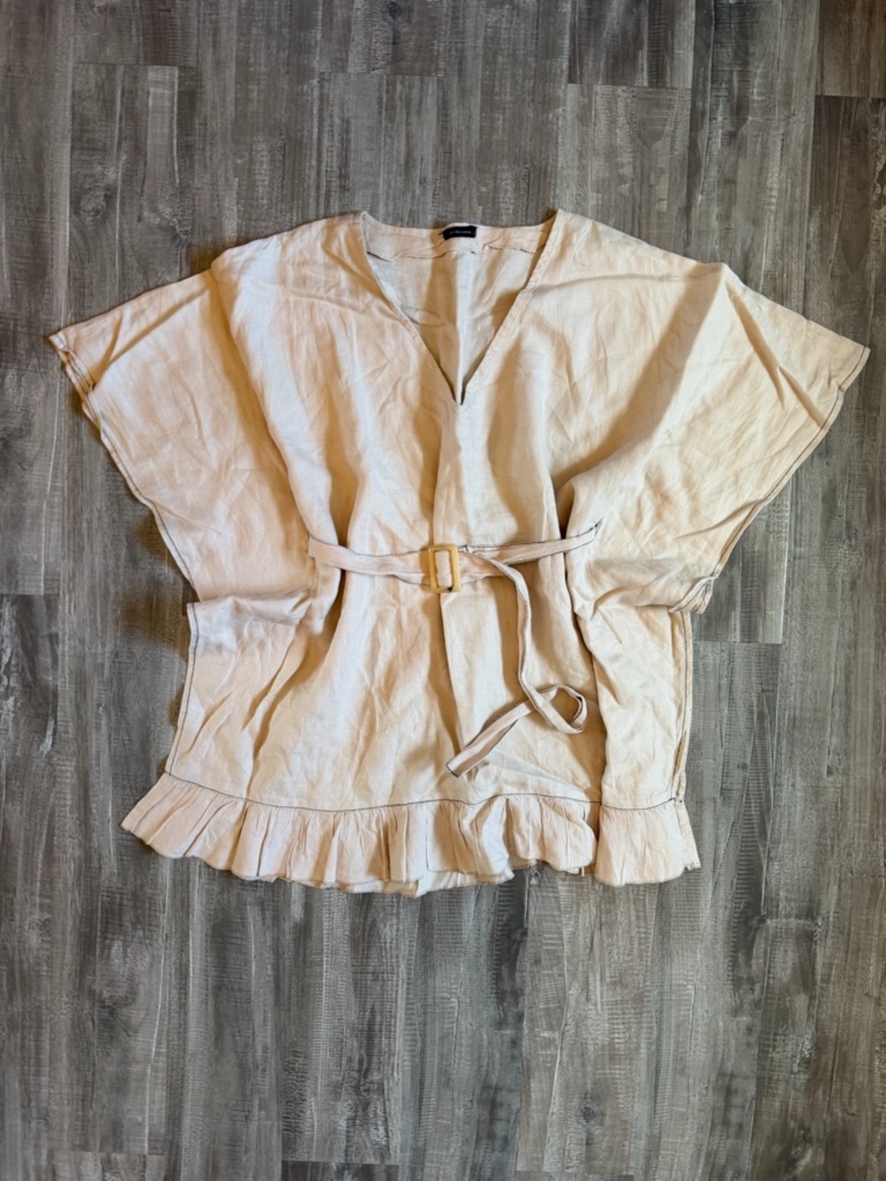 Light Beige Ruffle-Hem Belted Tunic Top